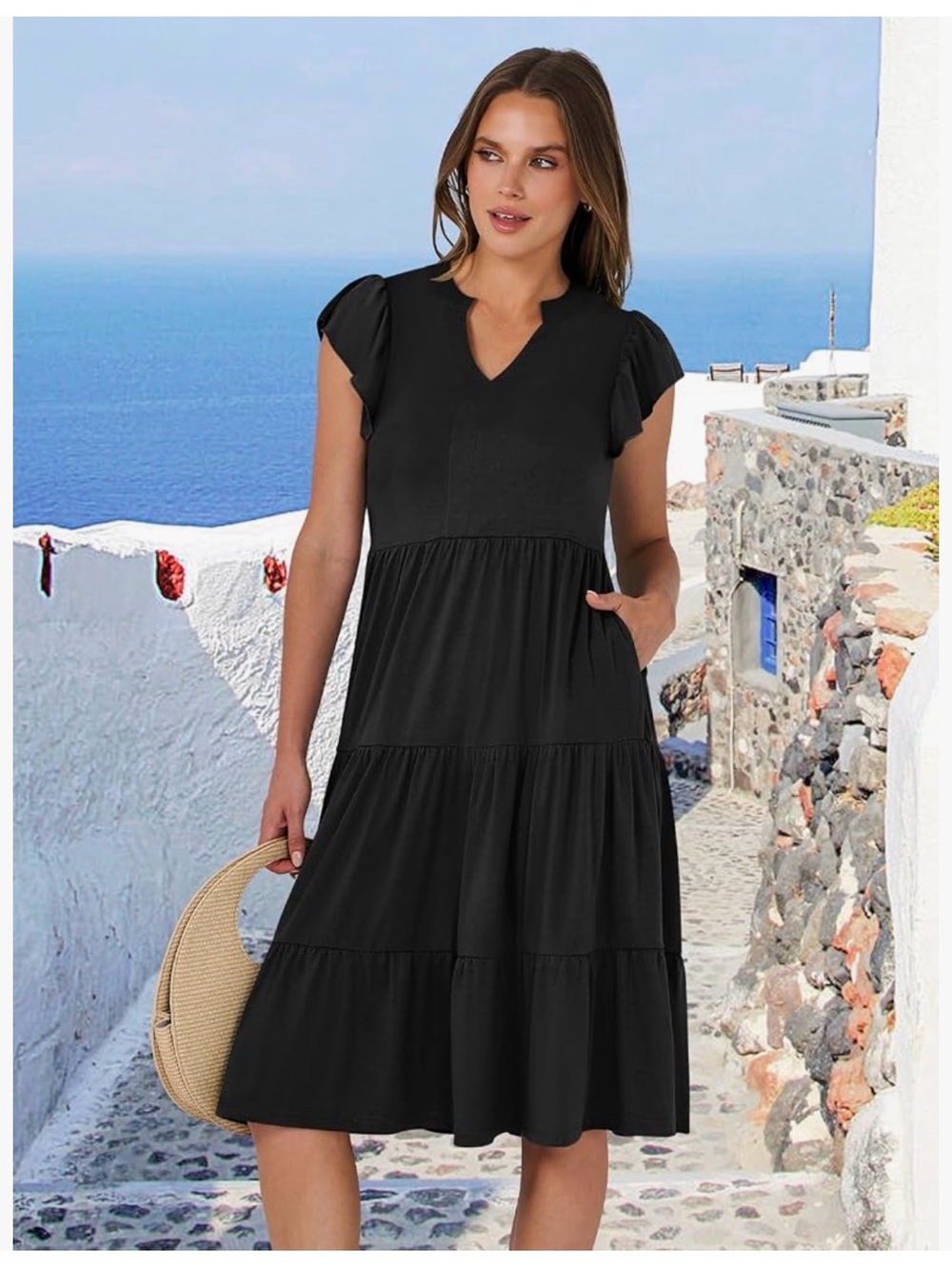 Black Tiered Midi Dress with Flutter Sleeves - Women